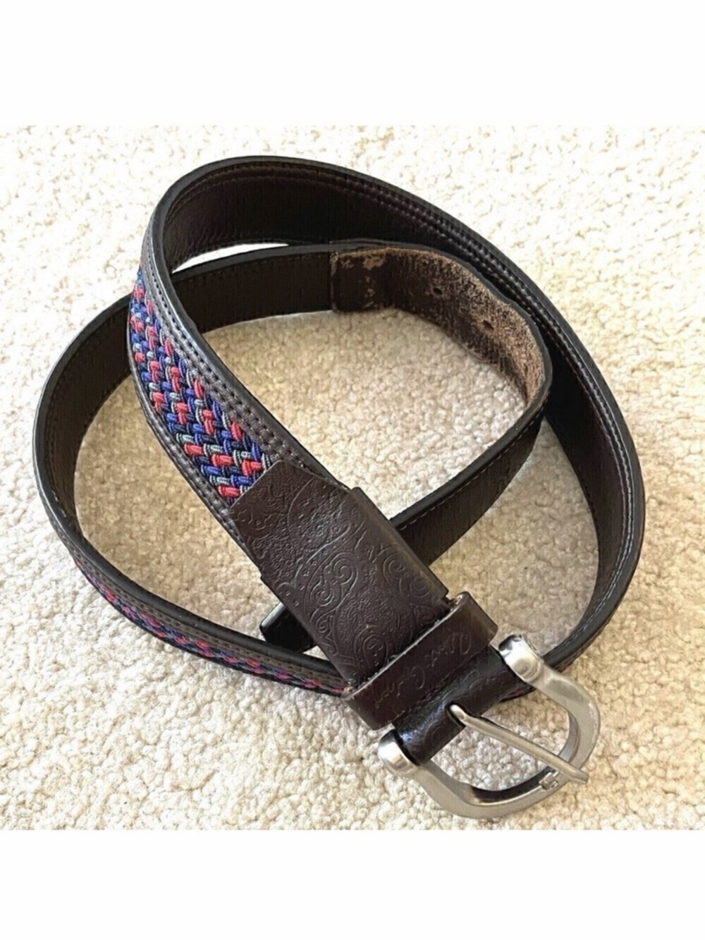 Robert Graham Men Belt 38 Braided Woven Red Blue Grey Tooled Brown Leather Golf
